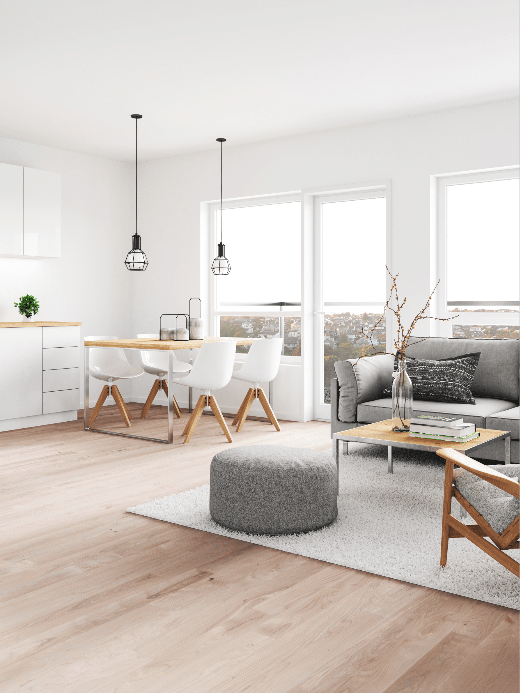 Salon et salle à manger contemporains avec parquet clair, mobilier design et grande luminosité, résultat d’un projet d’aménagement intérieur réalisé par Gestion Travaux dans le Haut-Rhin.