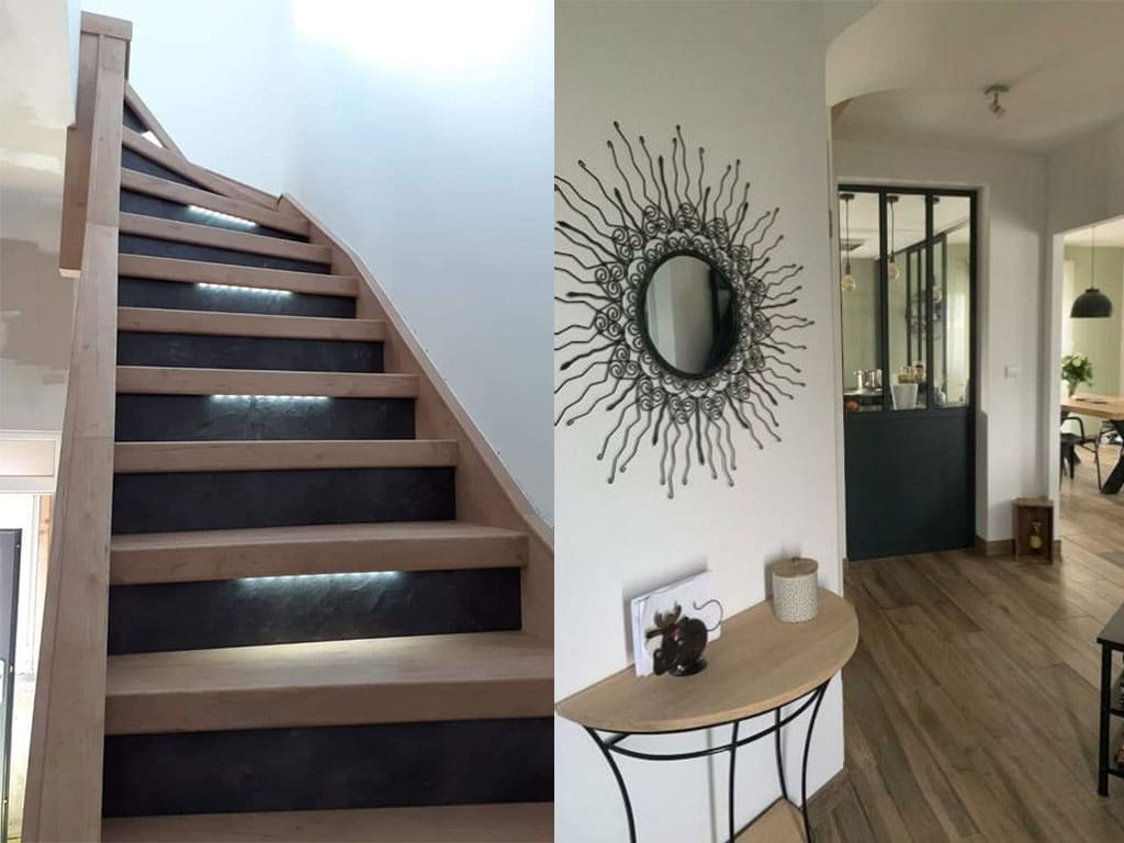 Réalisation d’aménagement intérieur – Escalier & Entrée par Gestion Travaux Aménagement intérieur réalisé par Gestion Travaux : escalier moderne avec éclairage intégré et entrée chaleureuse avec verrière et parquet, dans une maison rénovée du Haut-Rhin.