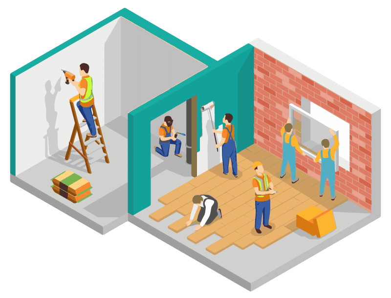 Équipe de professionnels Gestion Travaux en pleine rénovation intérieure : pose de parquet, peinture, installation de fenêtres et travaux de finition, garantissant un projet mené avec rigueur dans le Haut-Rhin.