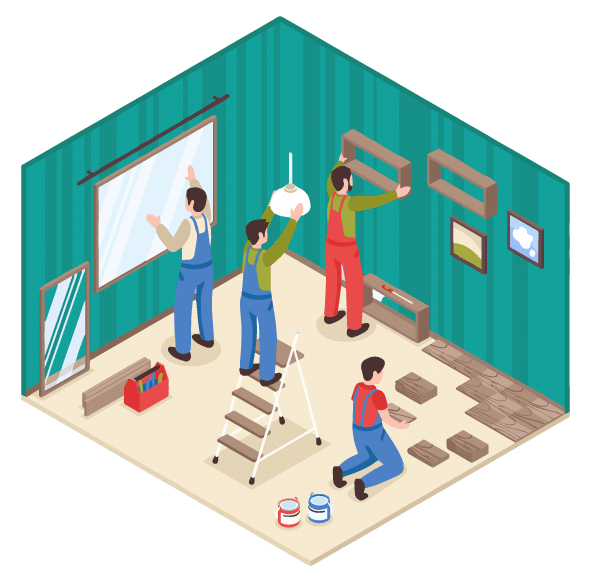 Travailleurs en train de réaliser des travaux d'aménagement intérieur : pose de parquet, installation de luminaires, étagères murales et décoration, illustrant un chantier coordonné et organisé.